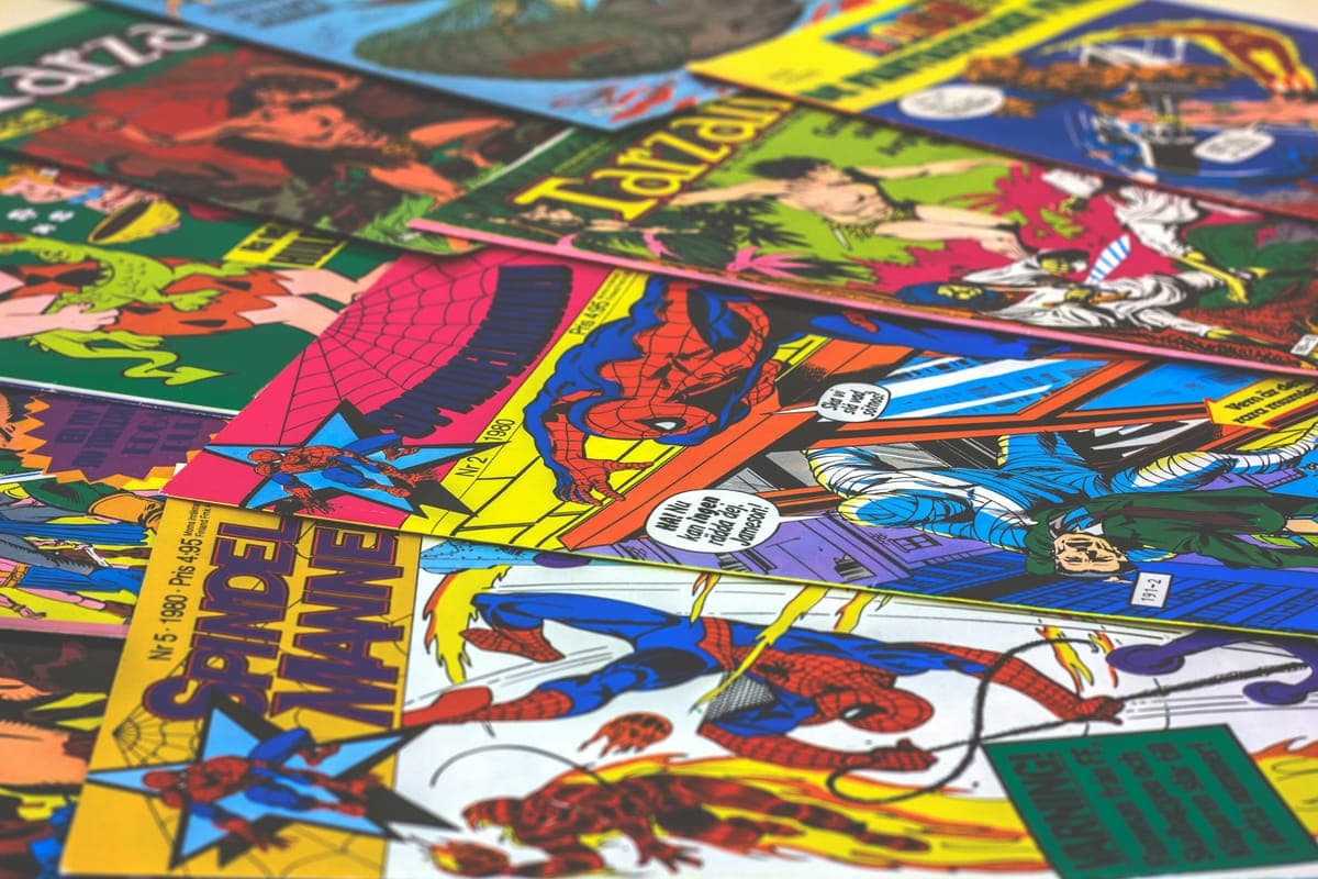 Colorful comic book covers spread out