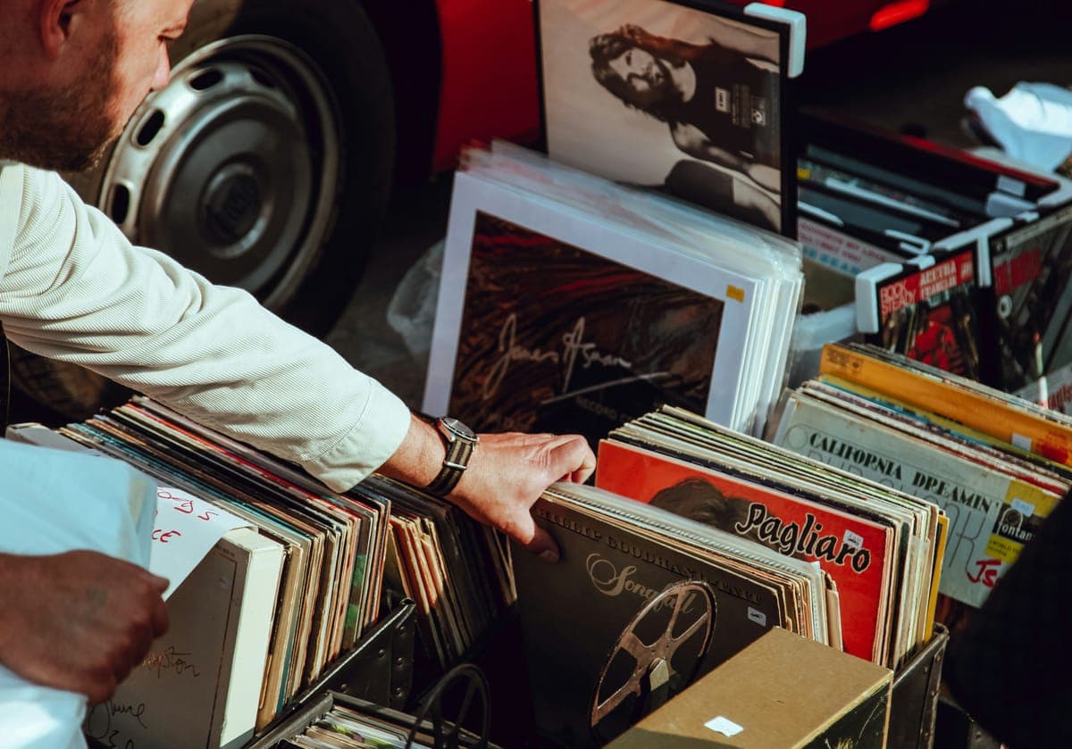 Browsing through a vinyl record collection