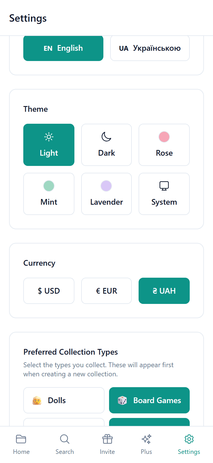 Settings page